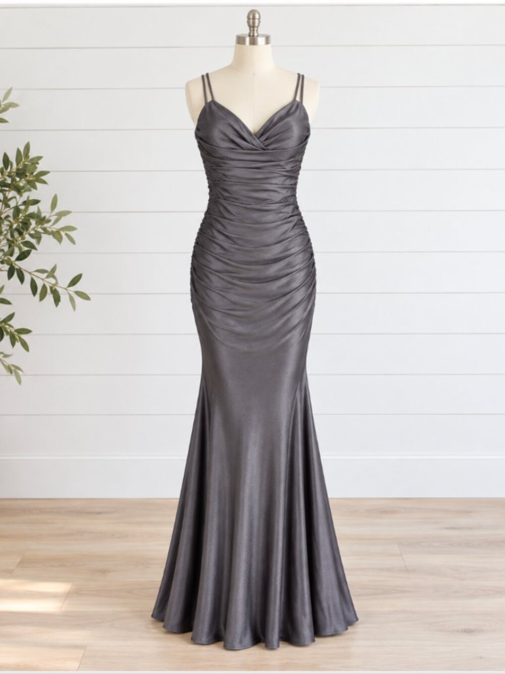 LA FEMME Strappy Back Ruched Trumpet Gown Formal Dress Size 0 - Gunmetal NWOT